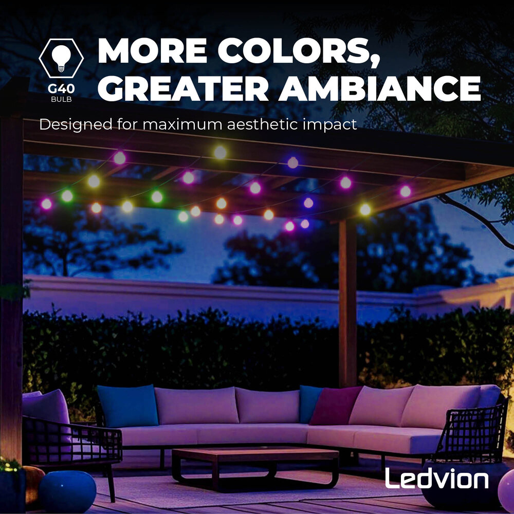 Ledvion Guirnalda Luces LED Exterior 17m + Cable de Conexión 3m - RGB - IP44 - Conectable - con 30 Bombillas LED