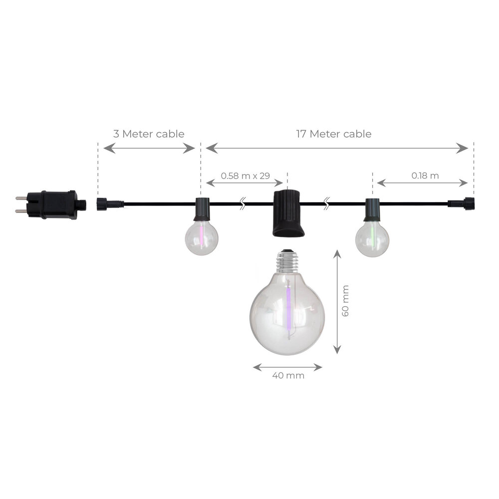 Ledvion Guirnalda Luces LED Exterior 17m + Cable de Conexión 3m - RGB - IP44 - Conectable - con 30 Bombillas LED