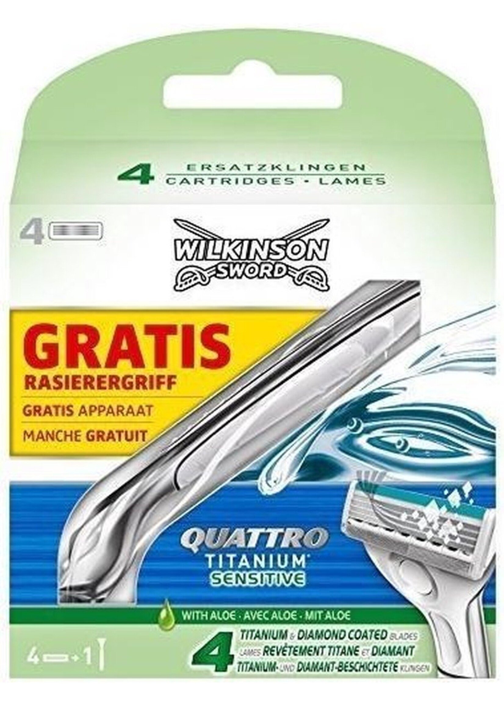 Wilkinson Scheermesjes - Quattro Titanium Sensitive 4 stuks + Houder