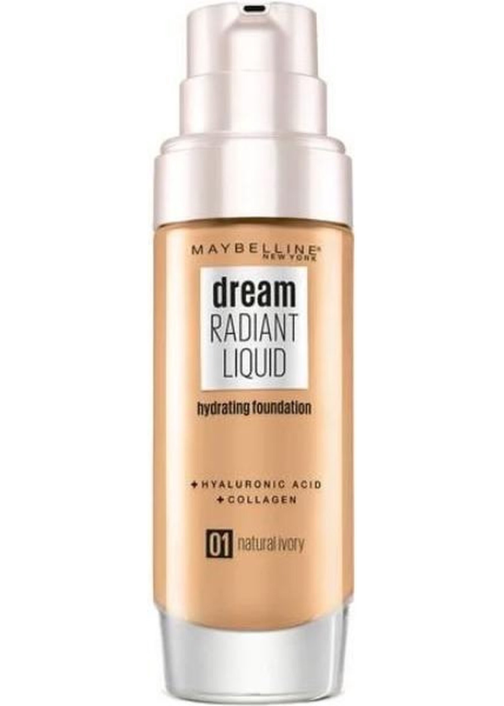 Maybelline Dream Radiant Liquid - 1 Natural Ivory - Foundation Geschikt voor de Droge Huid met Hyaluronzuur - 30 ml