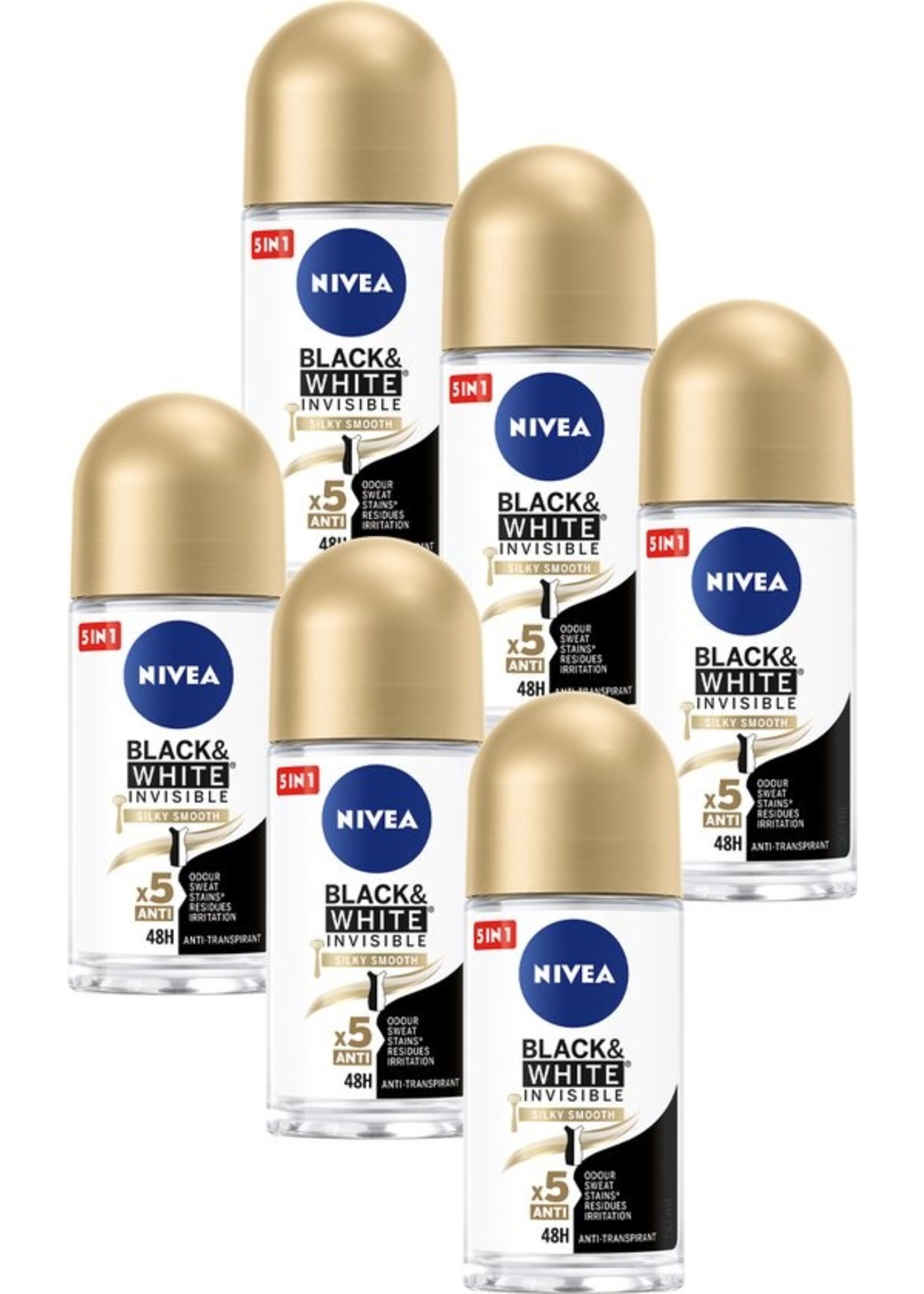 NIVEA Black & White Silky Smooth 6 x 50 ml - Voordeelverpakking - Deodorant Roller