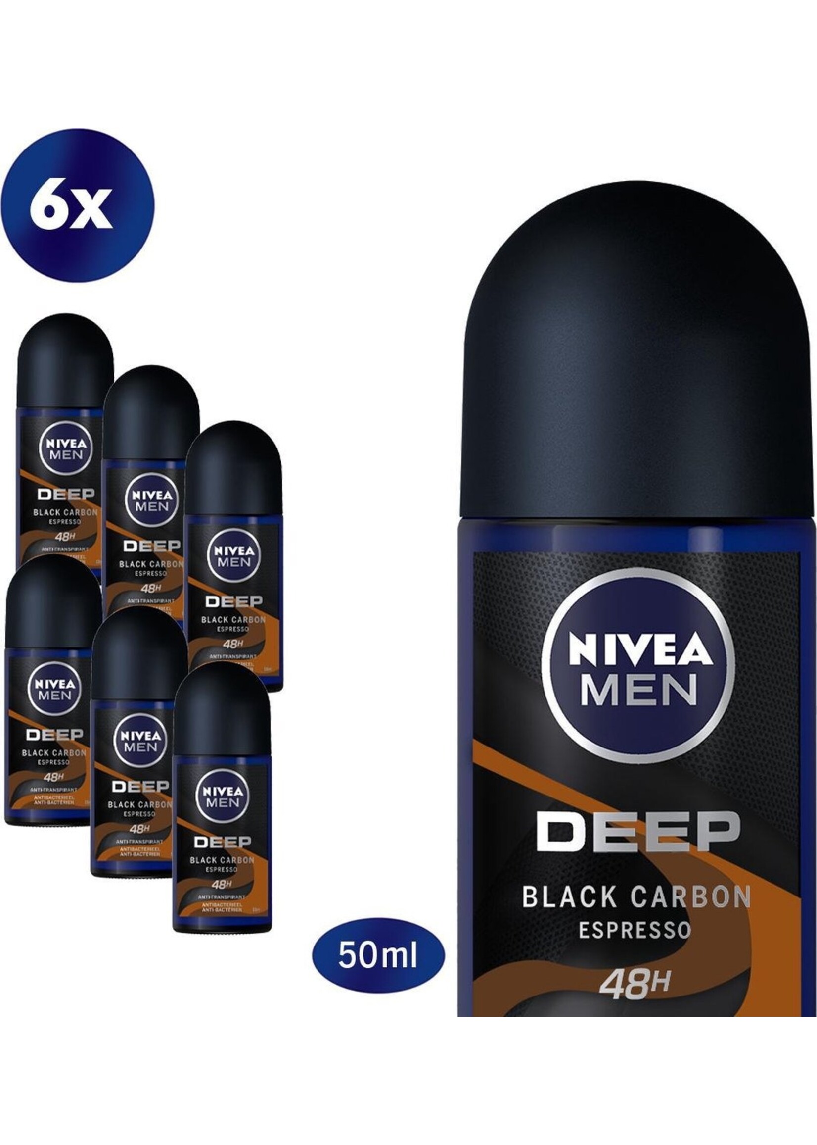 NIVEA MEN Deep Espresso Deodorant Roll On - 6 x 50ml - Anti-Transpirant - Voordeelverpakking