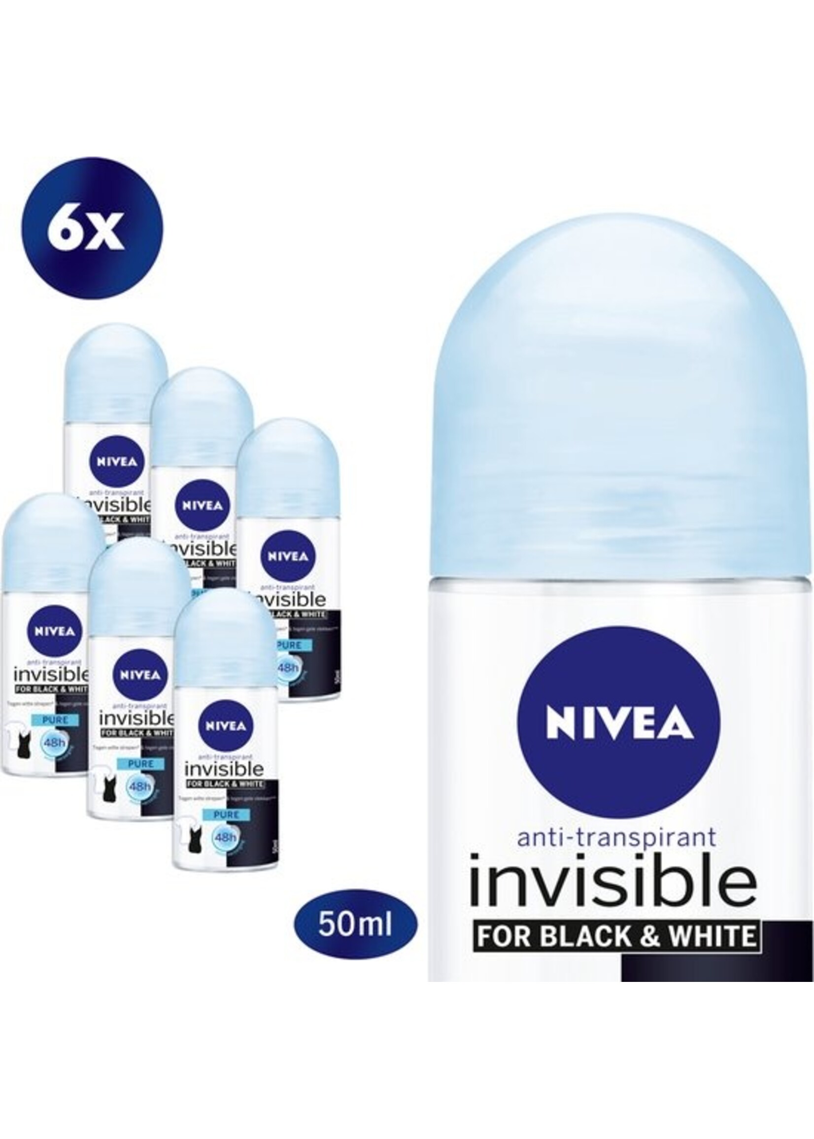 NIVEA Invisible For Black & White Pure - 6 x 50 ml - Voordeelverpakking - Deodorant Roller