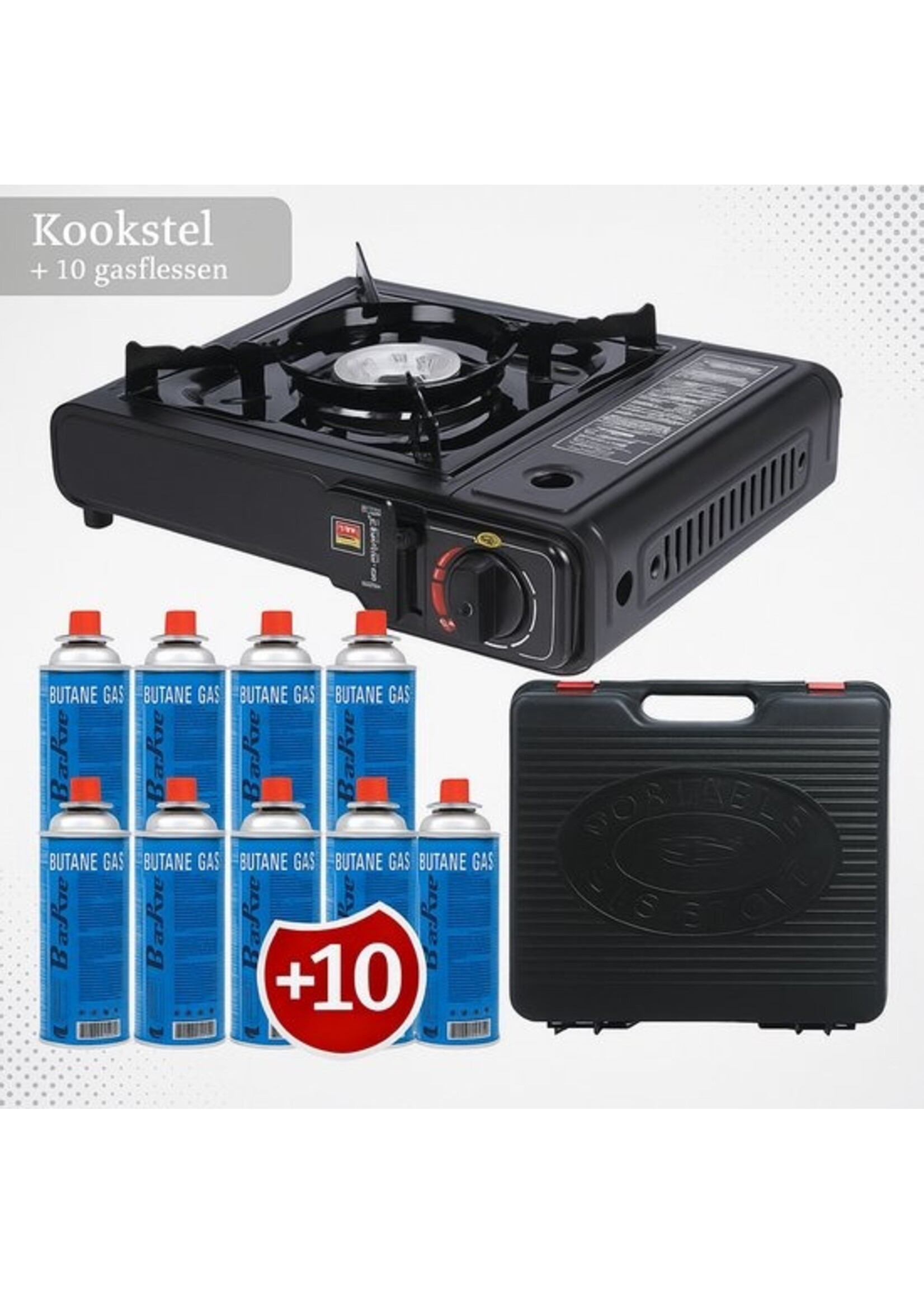 Draagbaar Gasstel met Koffer – Camping Kooktoestel. Camping Gasbrander Set met Opbergkoffer en 8x Butaangas patronen. Portable Gas Stove met Koffer + 8 Butaangasbusjes. Compleet met 8 Gaspatronen. Gas Kooktoestel voor Camping & Outdoor.Noodpakket.