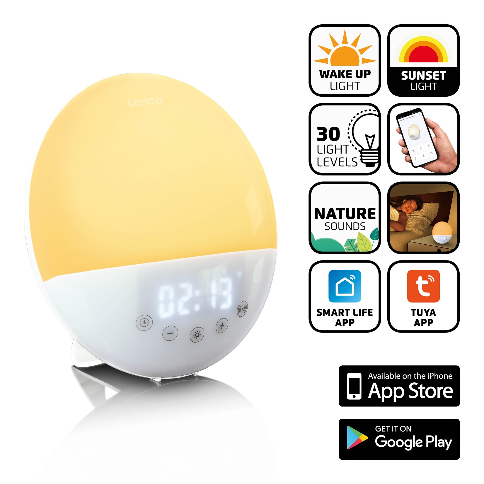 Lenco Lenco CRW-110WH Slimme Wake Up Light Wekker - Lichtwekker met App-bediening