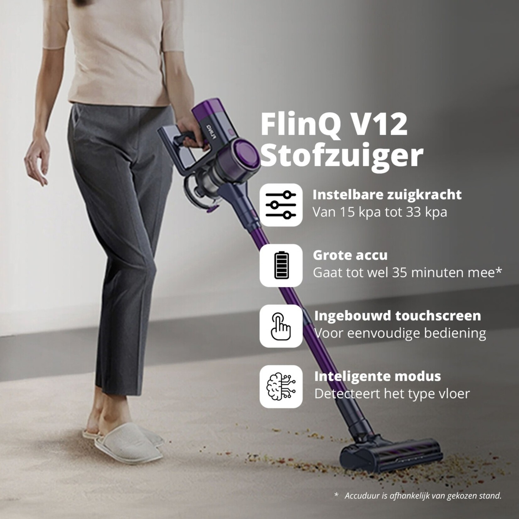 FlinQ FlinQ V12 Draadloze Steelstofzuiger met HEPA-filter – Kruimelzuiger en Opzetstukken