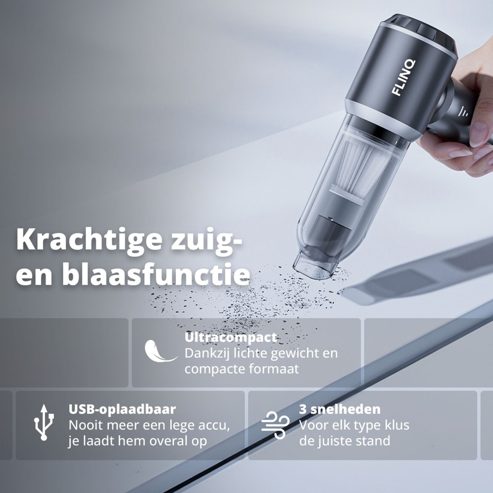 FlinQ FlinQ V3 Handstofzuiger – 3-in-1 Kruimelzuiger met Blaasfunctie en Opzetstukken