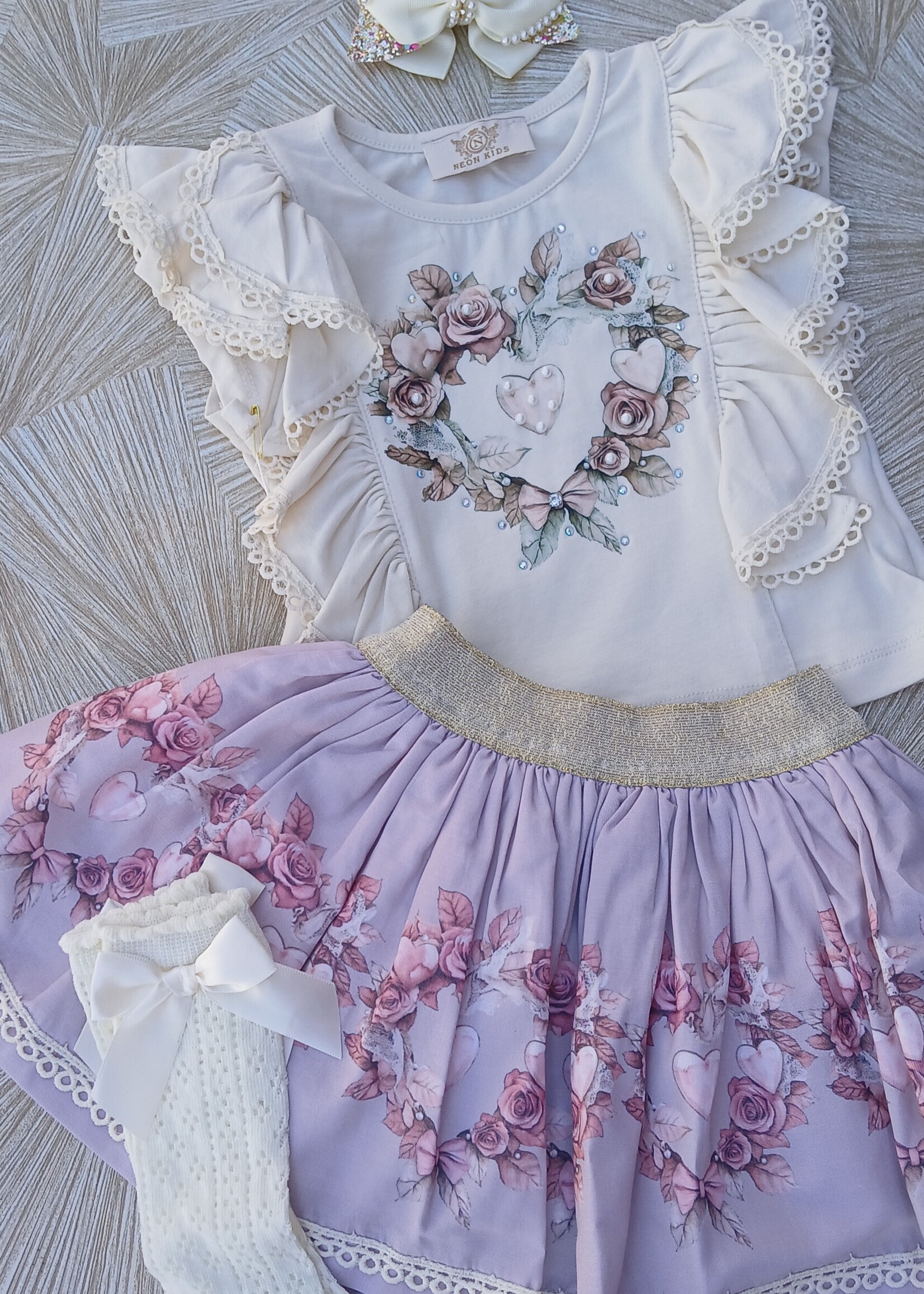 Luxury Flower Hearts Set Beige/Cassis