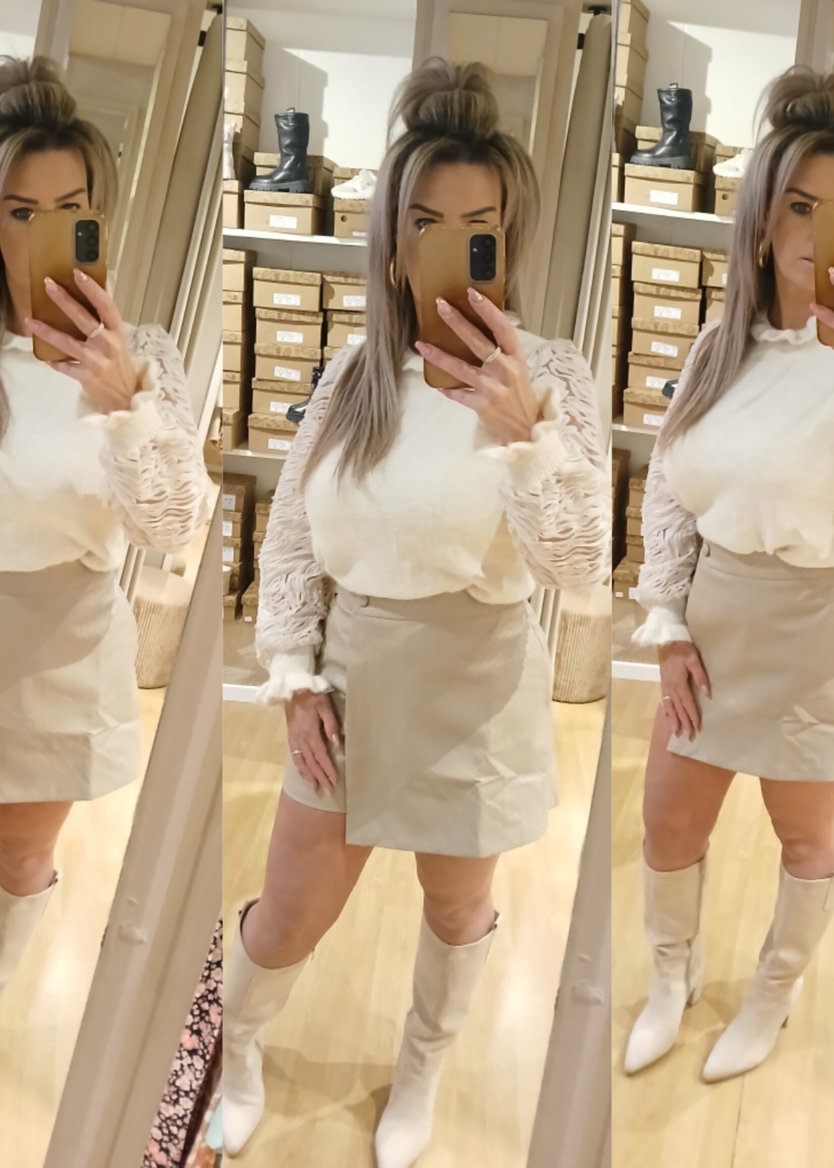 Leather Blocks Skort Beige