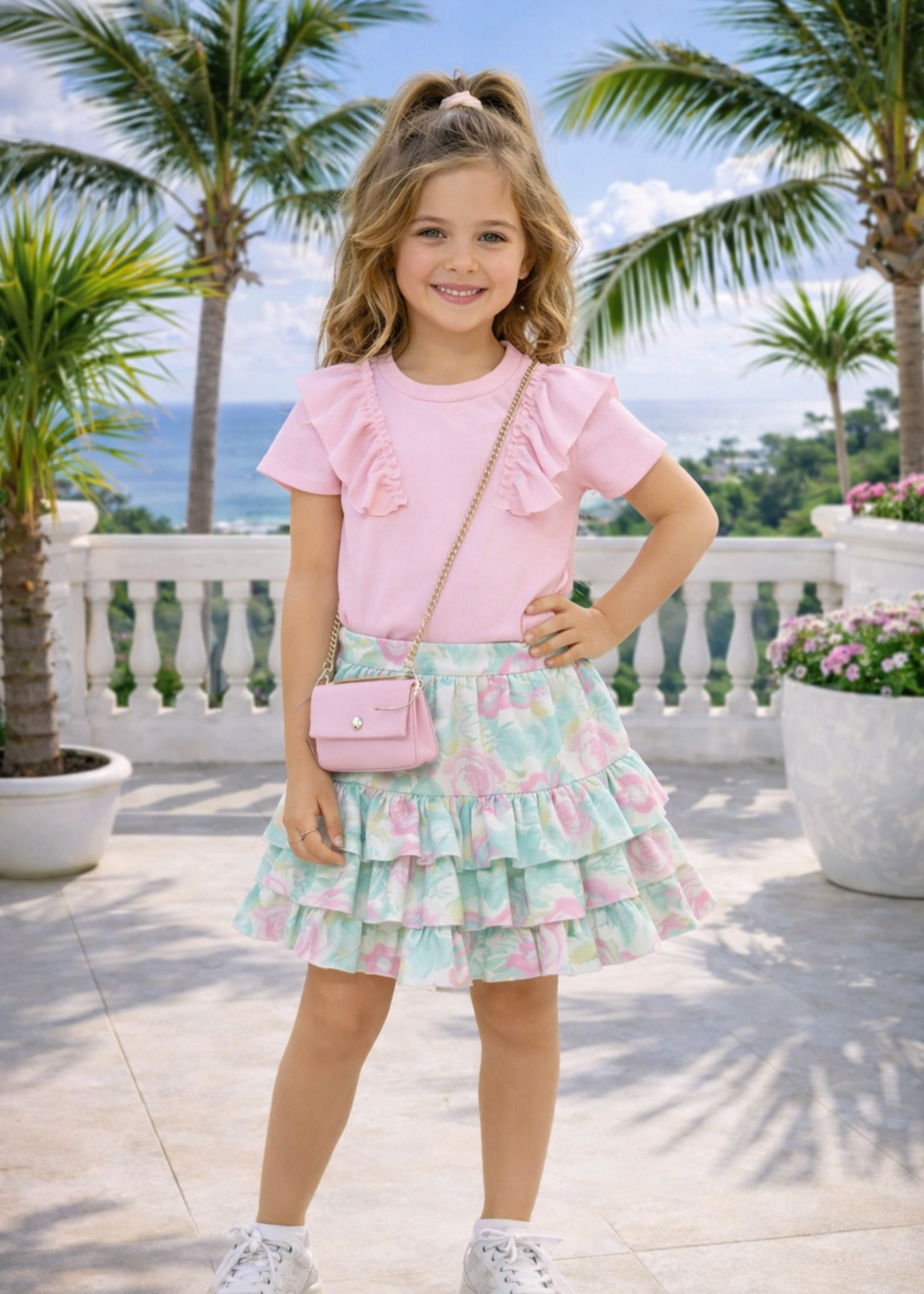 Emma Ruffle Roses Skort Mint/Pink