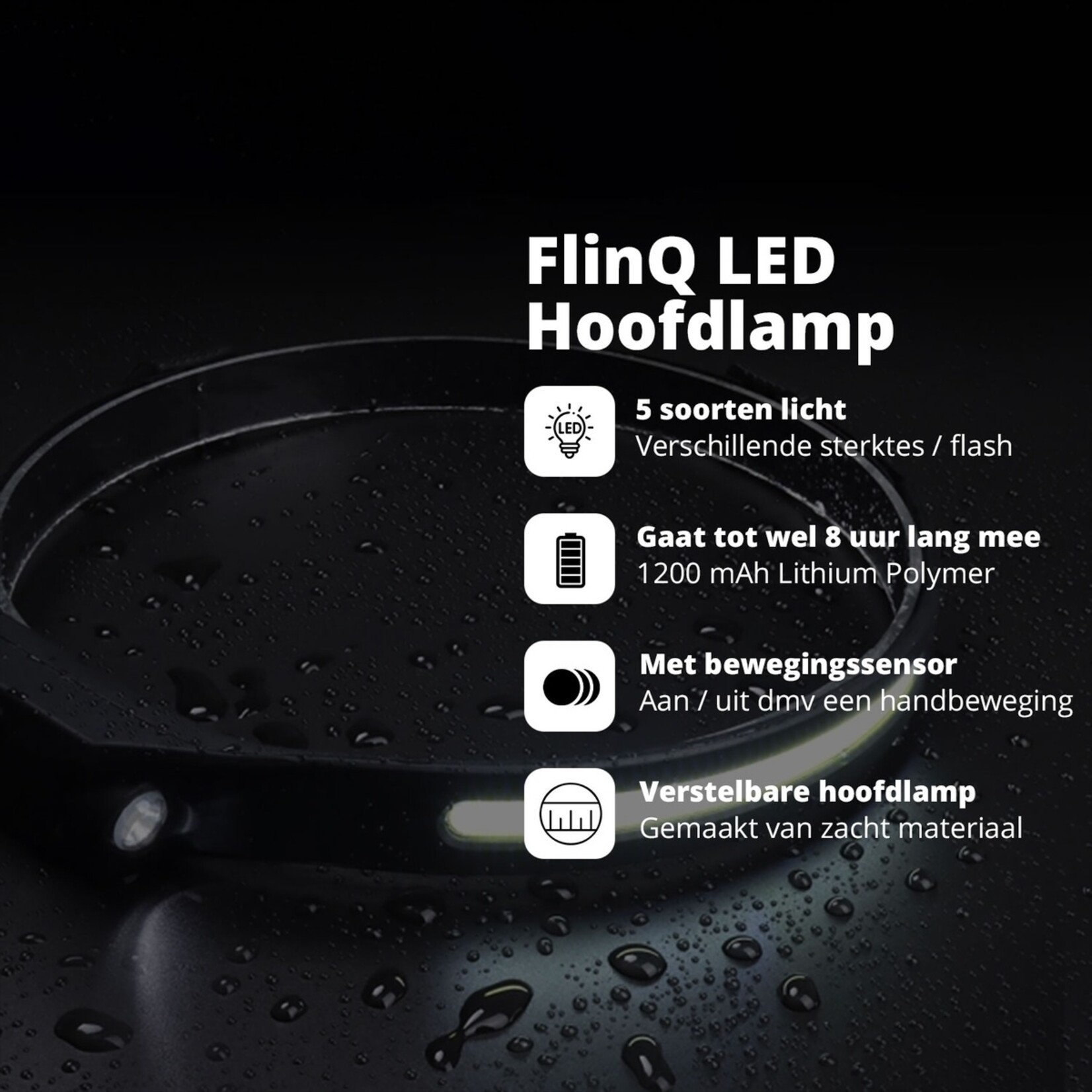 FlinQ FlinQ Oplaadbare LED Hoofdlamp met Sensor – Hoofdband met Verlichting