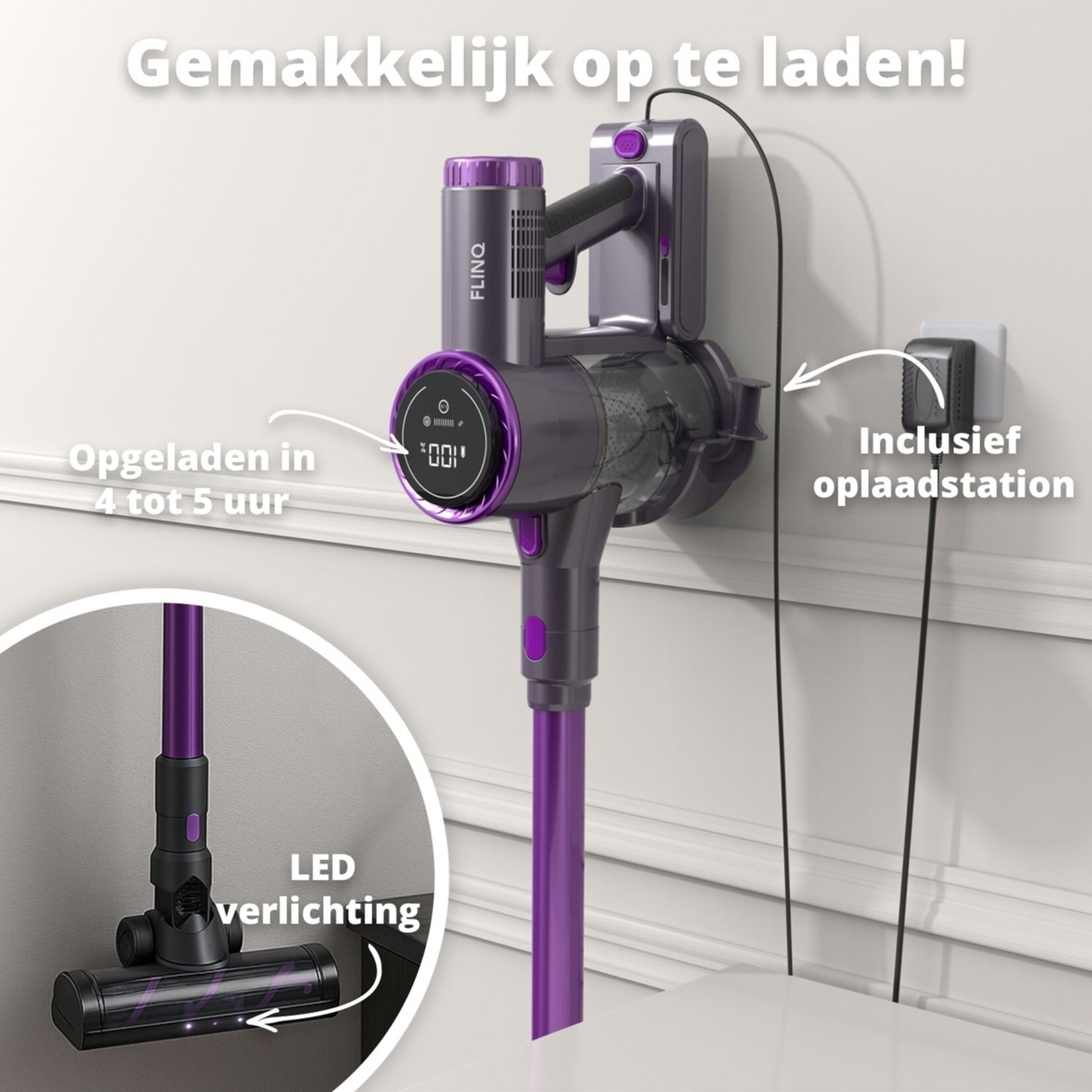 FlinQ FlinQ V8 Draadloze Steelstofzuiger en Dweil – Kruimelzuiger en Opzetstukken