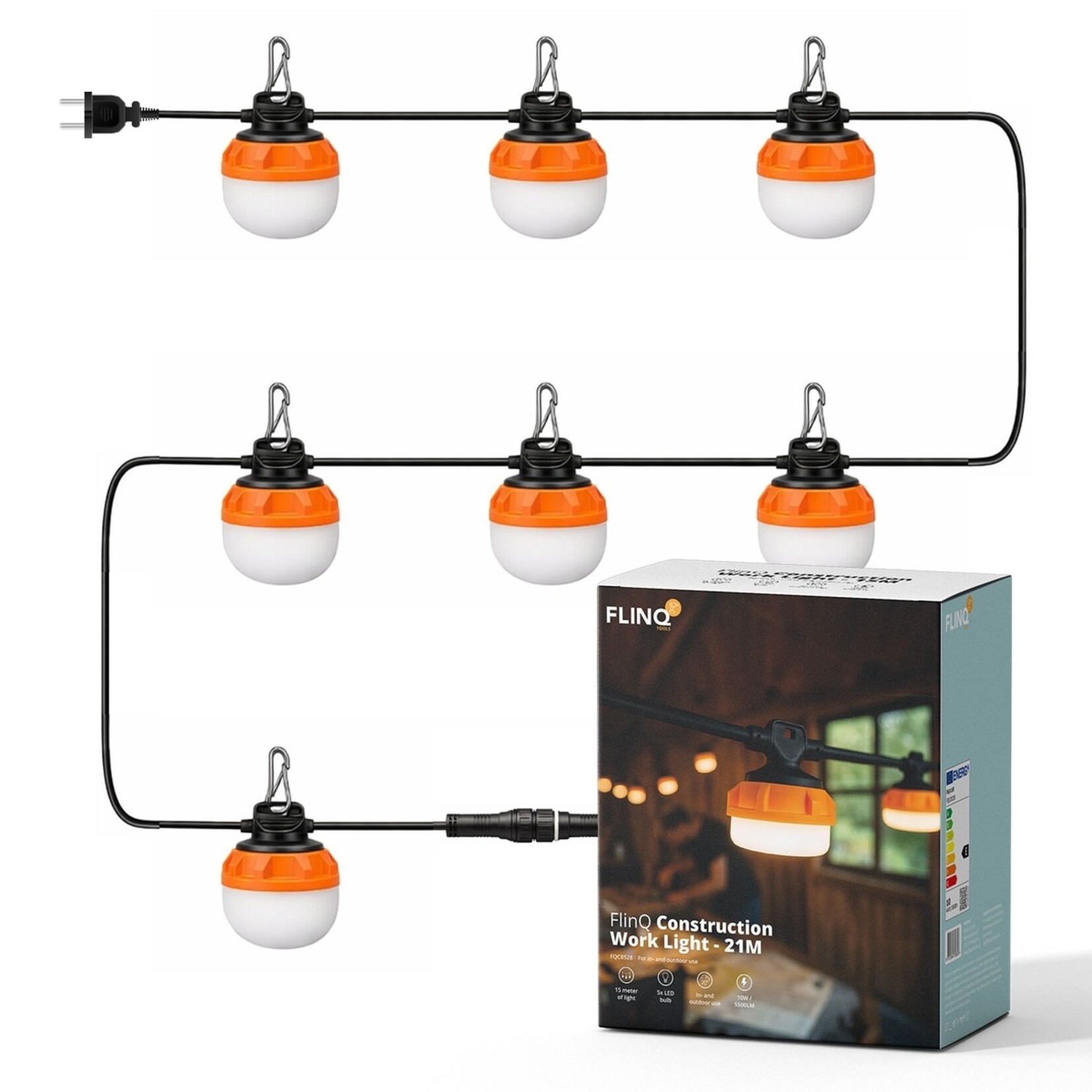 FlinQ FlinQ Construction Work Light Werklampslinger – 1100 Lumen per Lamp – 21 Meter