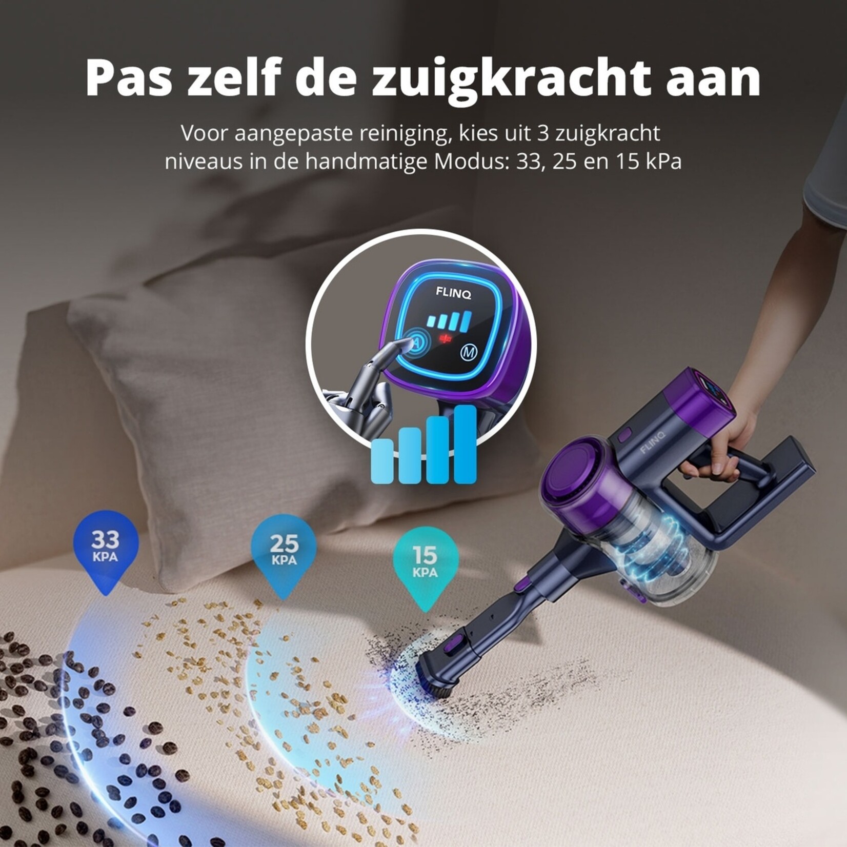 FlinQ FlinQ V12 Draadloze Steelstofzuiger met HEPA-filter – Kruimelzuiger en Opzetstukken