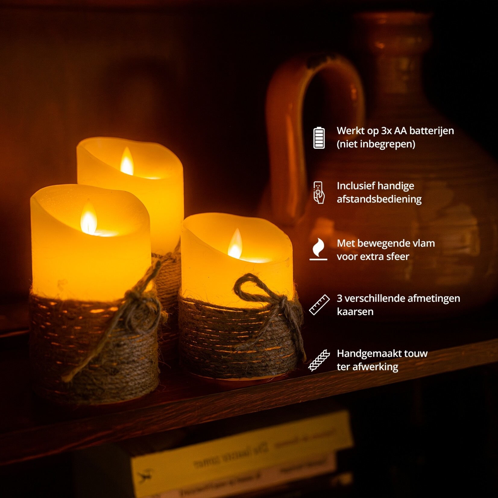 FlinQ LED Kaarsen Set van 3 Stuks met Touw Afwerking en Afstandsbediening