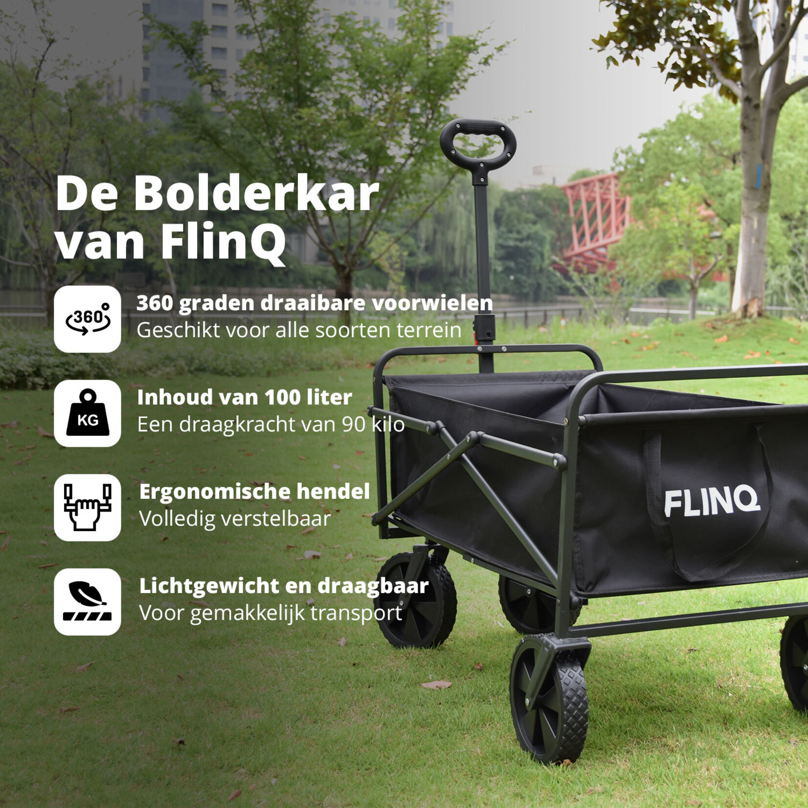 FlinQ FlinQ Opvouwbare Bolderkar – Draagkracht tot 90KG – Inhoud 100L