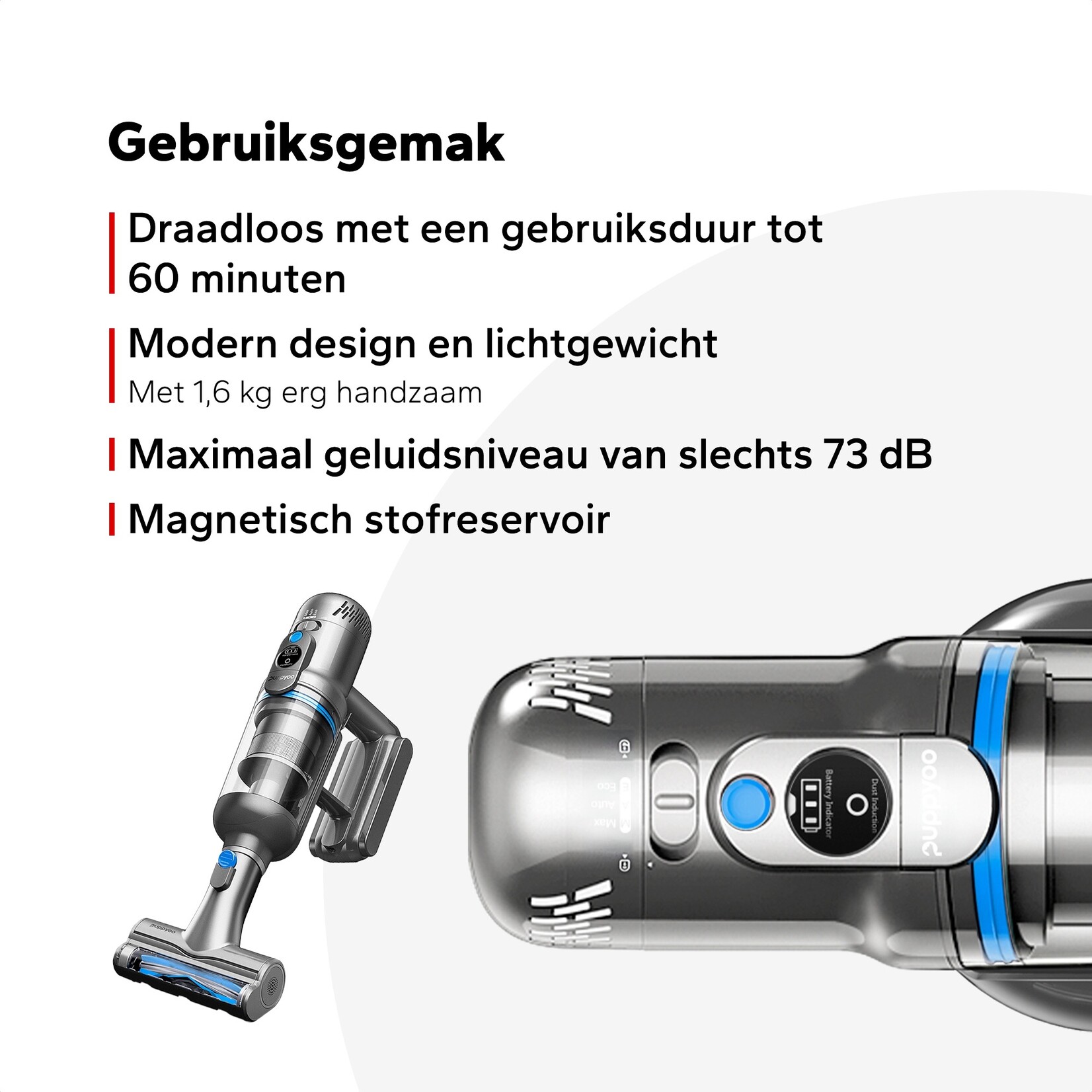 Puppyoo Puppyoo T12 Pure Steelstofzuiger Draadloos met Handstofzuiger