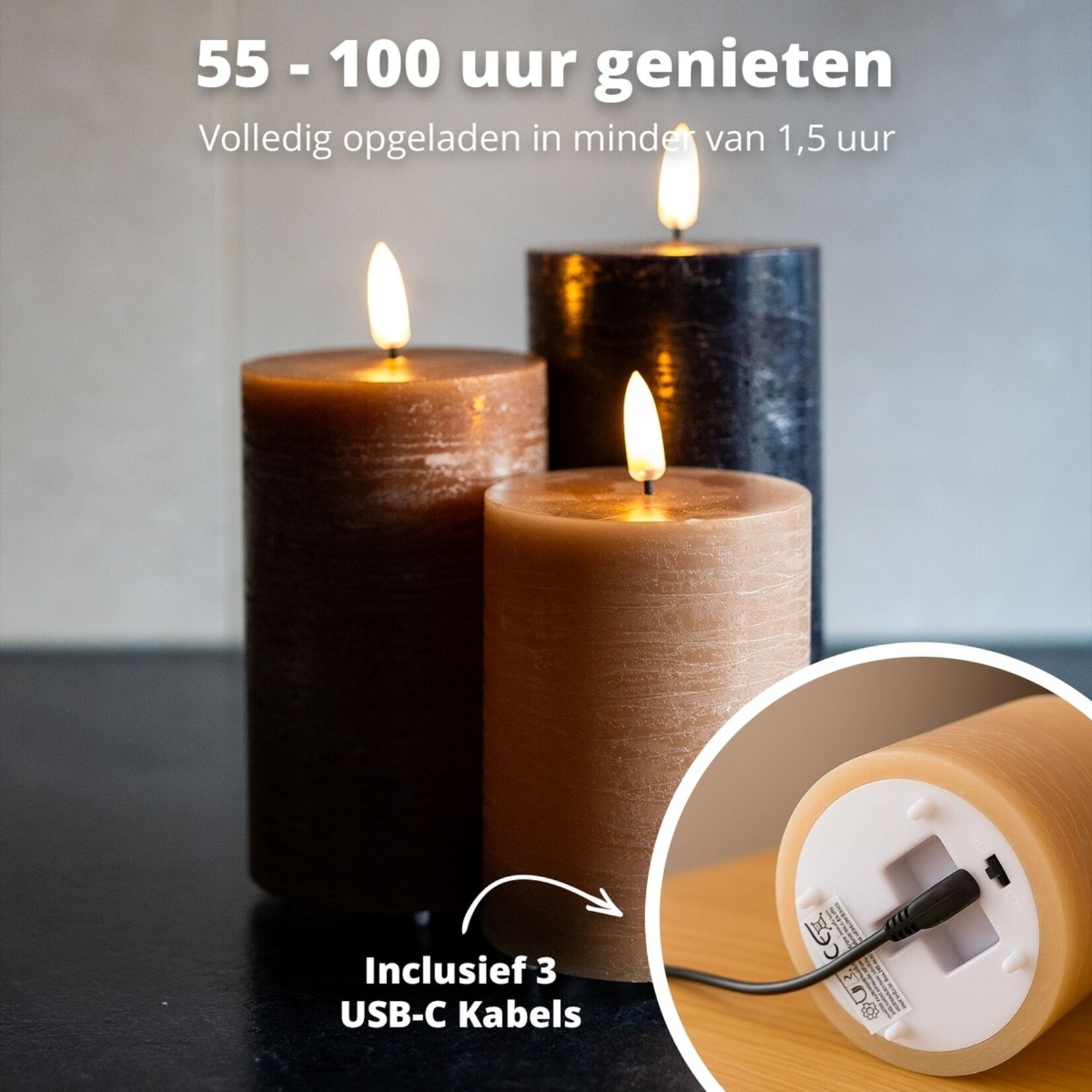 FlinQ LED Kaarsen Set van 3 – Oplaadbaar met Timer en Flikkerstand