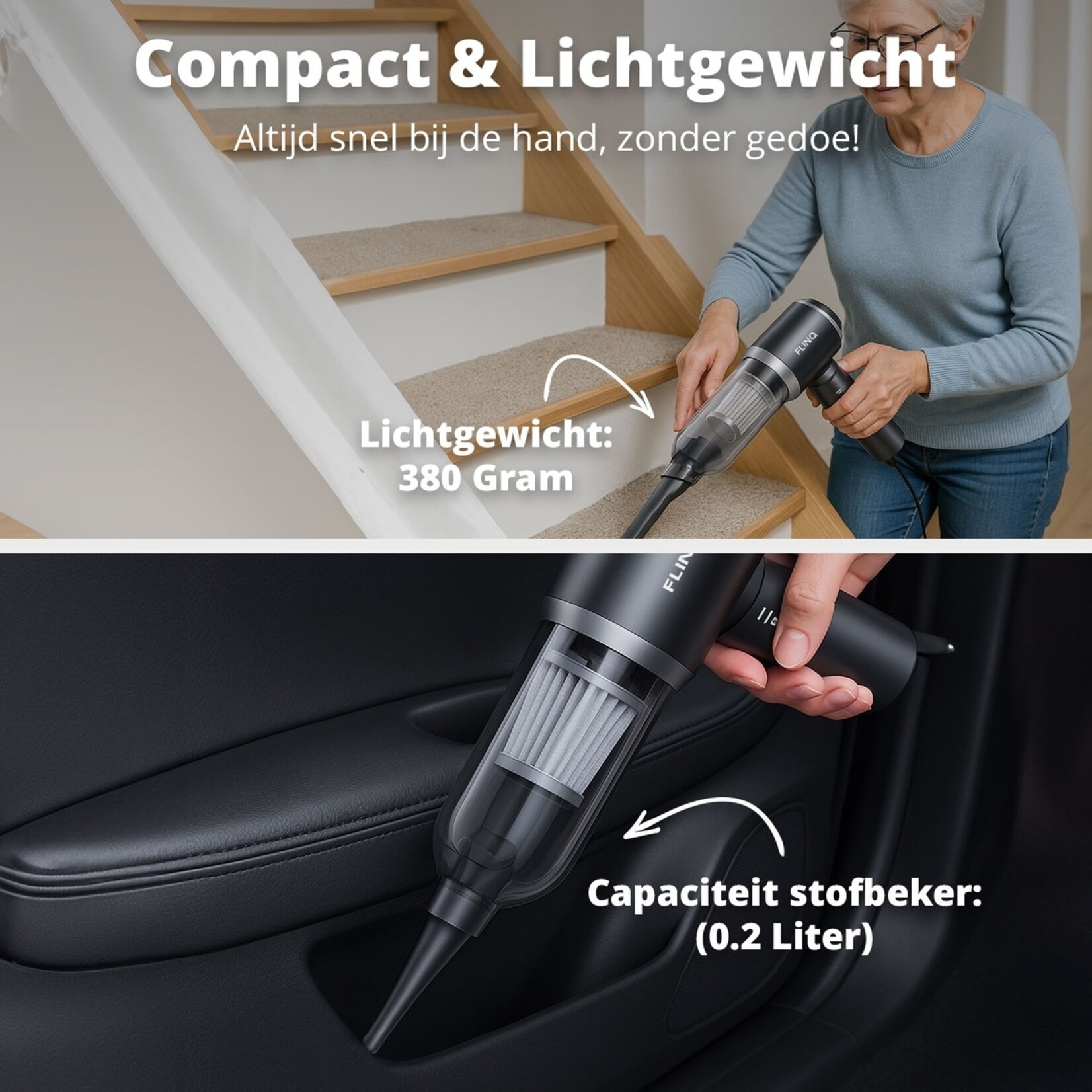 FlinQ FlinQ V3 Handstofzuiger – 3-in-1 Kruimelzuiger met Blaasfunctie en Opzetstukken