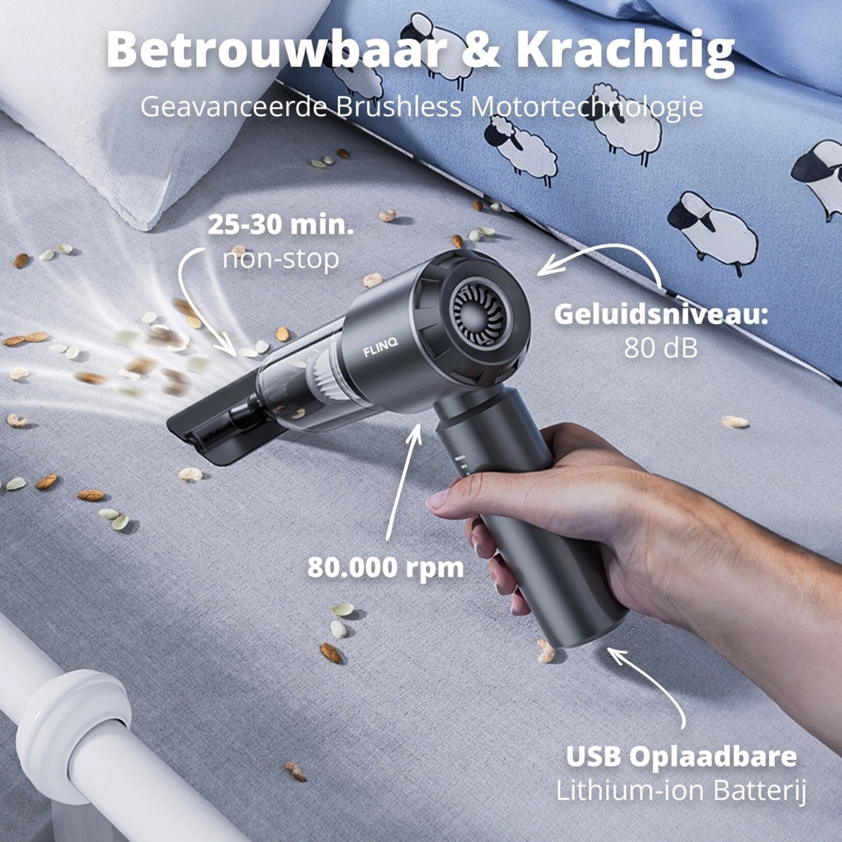 FlinQ FlinQ V3 Handstofzuiger – 3-in-1 Kruimelzuiger met Blaasfunctie en Opzetstukken