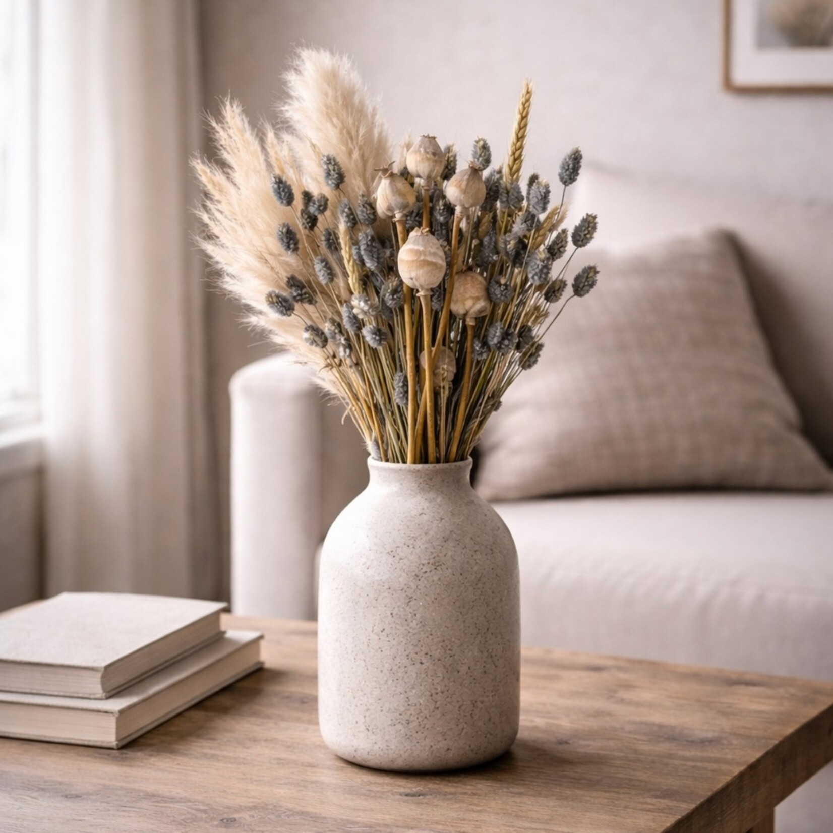 Merkloos Droogboeket met Pampasgras, Tarwe en Papavers 50-55 cm