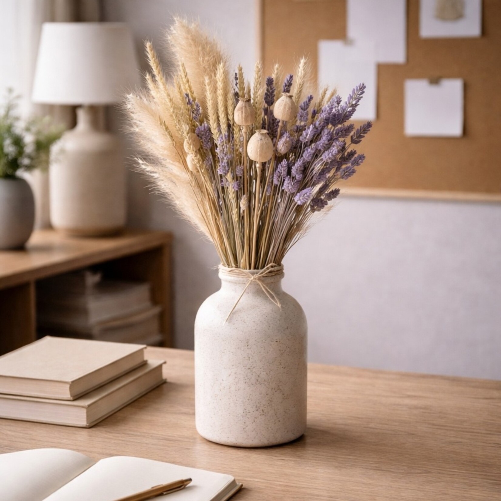 Merkloos Droogboeket met Pampasgras, Tarwe en Papavers 50-55 cm