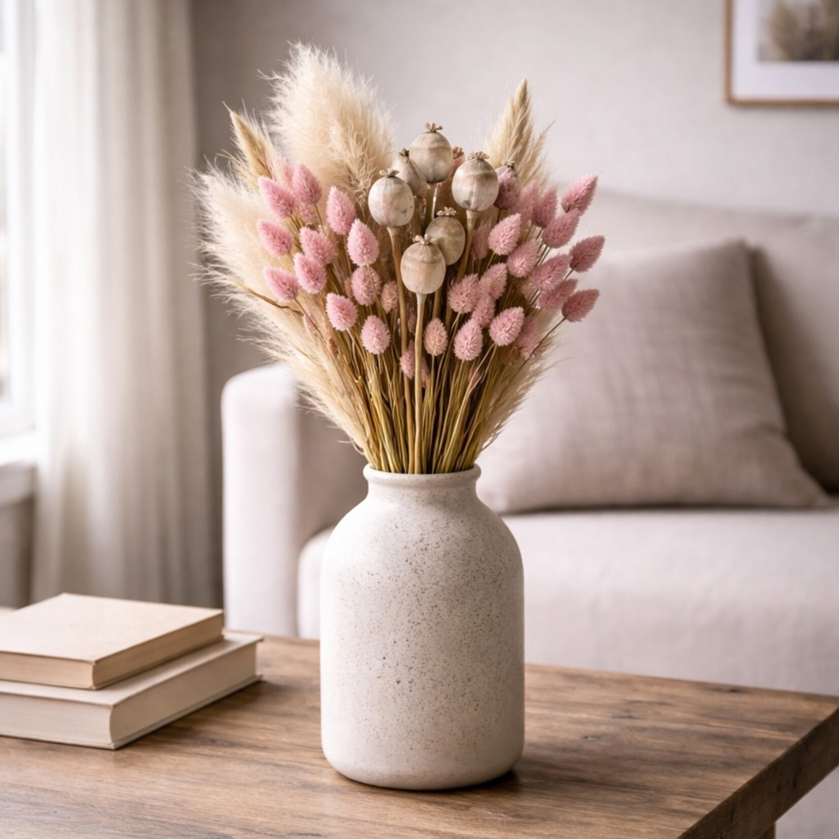 Merkloos Droogboeket met Pampasgras, Tarwe en Papavers 50-55 cm