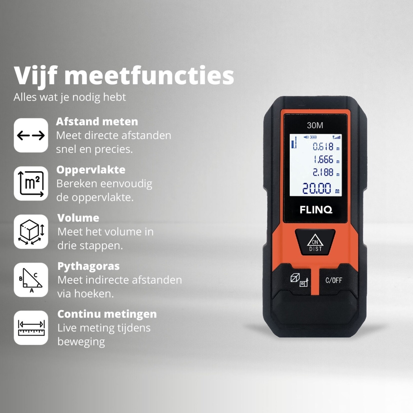 FlinQ FlinQ Digitale Afstandsmeter tot 30 Meter - 5 Meetmodi