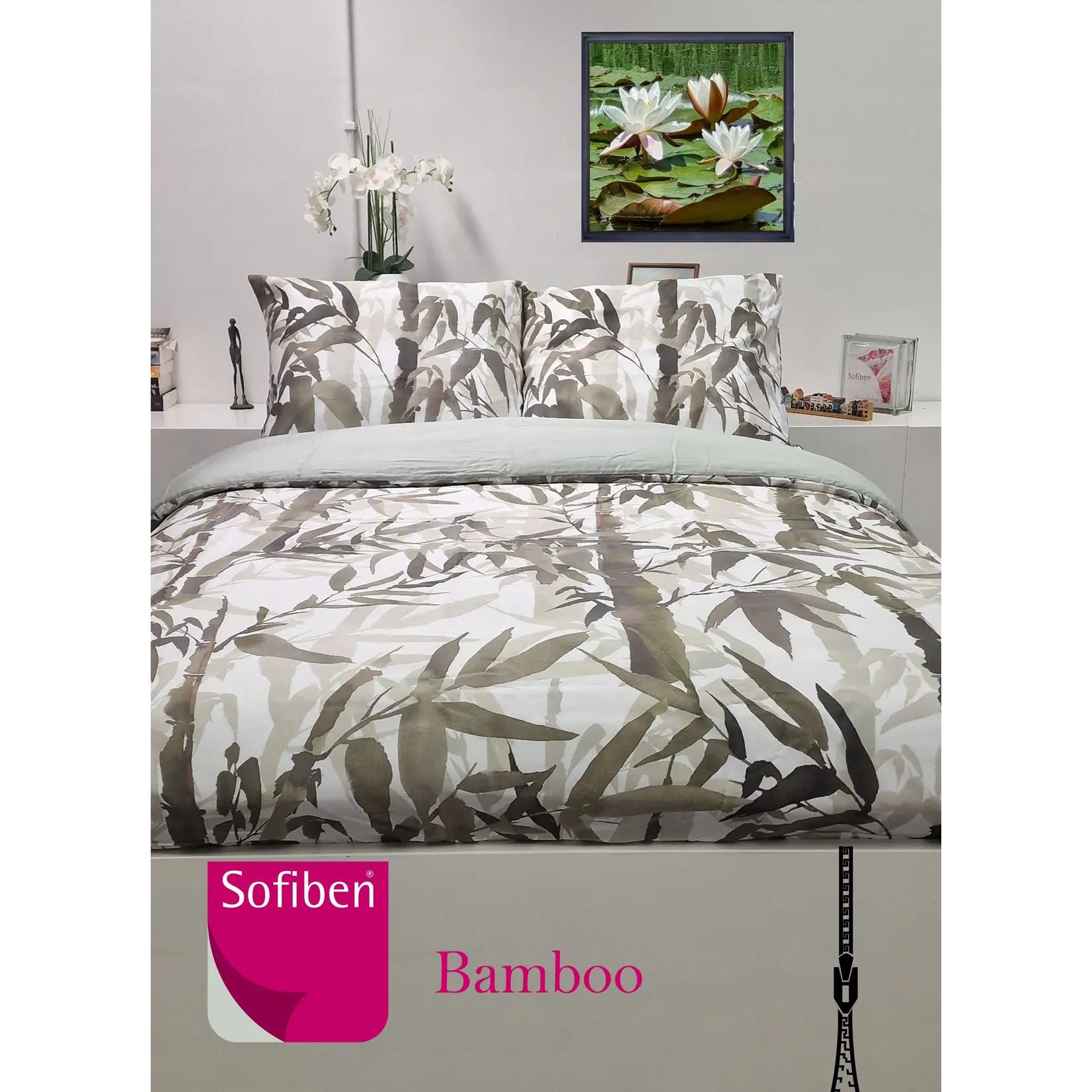 Sofiben dekbedovertrek met een doorlopende rits over 3 zijden, dessin Bamboe, afm 140 x 200 met 1 kussensloop