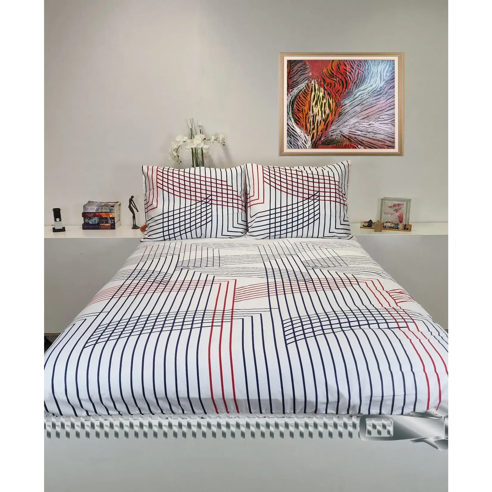 Sofiben dekbedovertrek met doorlopende rits over 3 zijden, dessin Gioco di Linea, 300TC katoensatijn,  afm. 140 x 220 cm  met 1 kussensloop