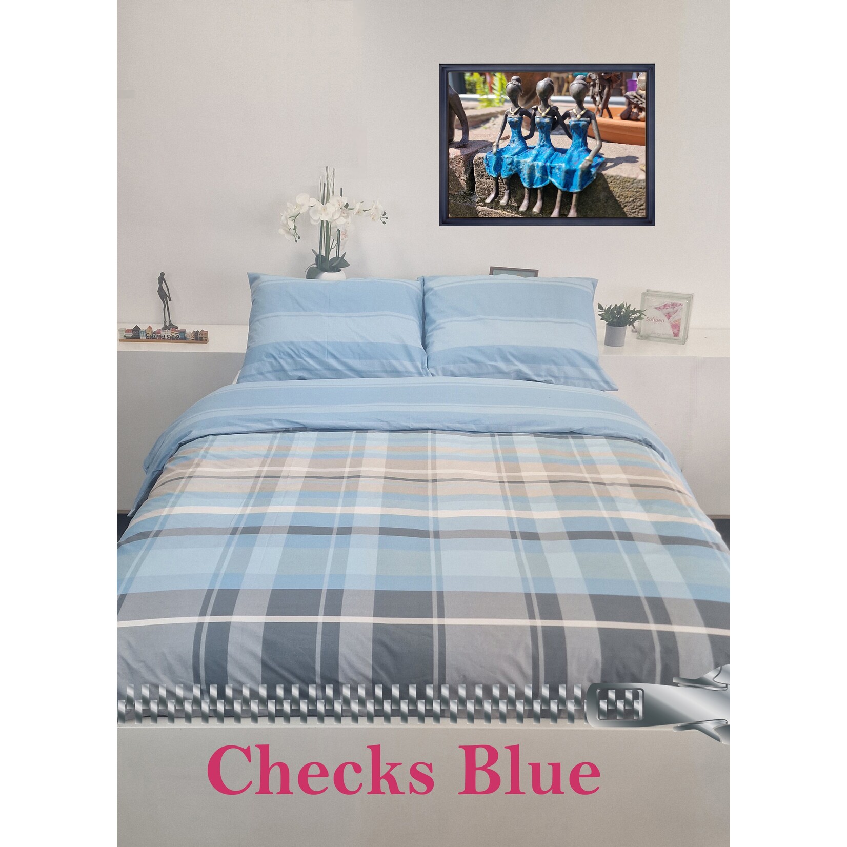 Dekbedovertrekmetrits Checks Blue, 140 x 200 cm, katoenmenging met 1 kussensloop