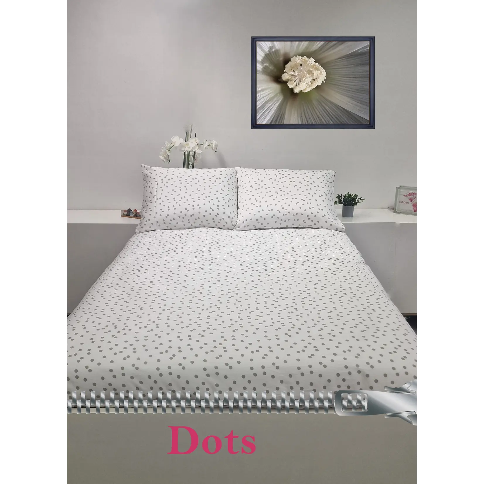 Sofiben dekbedovertrek met rits, Polka Dots, wit/grijze noppen, 240 x 200 cm,  300TC katoensatijn , 2 kusenslopen