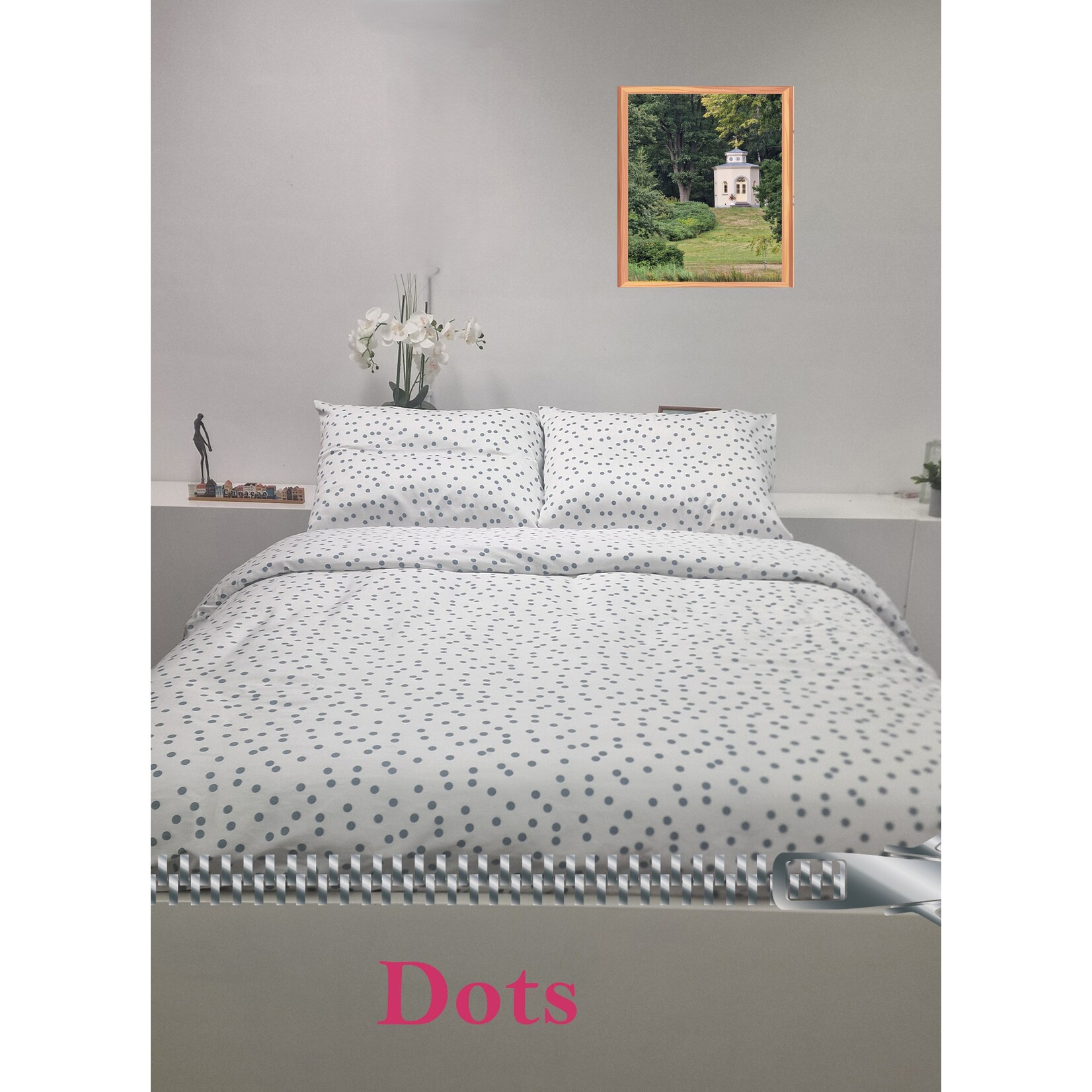 Sofiben dekbedovertrek met rits Polka Dots, wit/ petrol noppen, 240 x 200 cm,  300TC katoensatijn , 2 kussenslopen