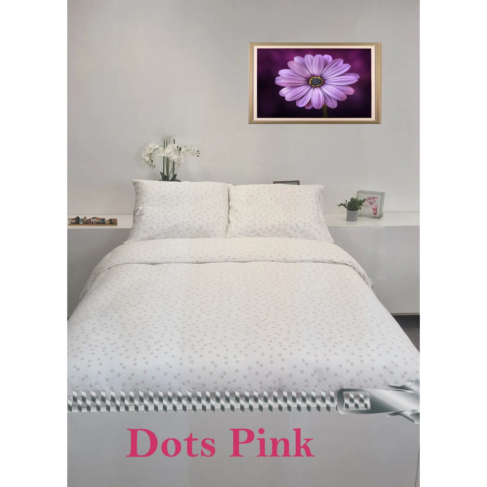 Sofiben dekbedovertrek Polka Dots, wit met roze  noppen 300TC katoensatijn