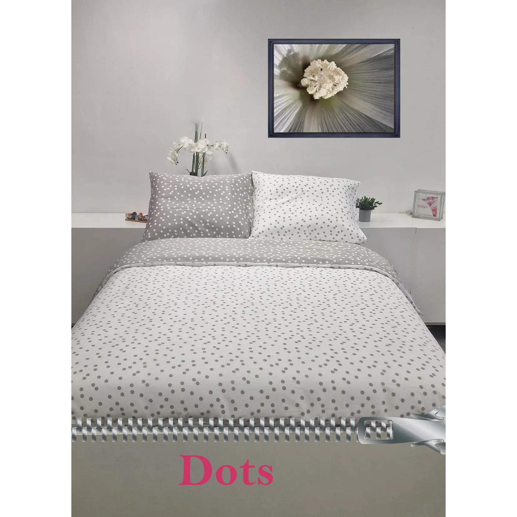 Sofiben dekbedovertrek met doorlopende rits Polka Dots, wit / grijs, 140 x 200 cm, 300TC katoensatijn , 1 kussensloop