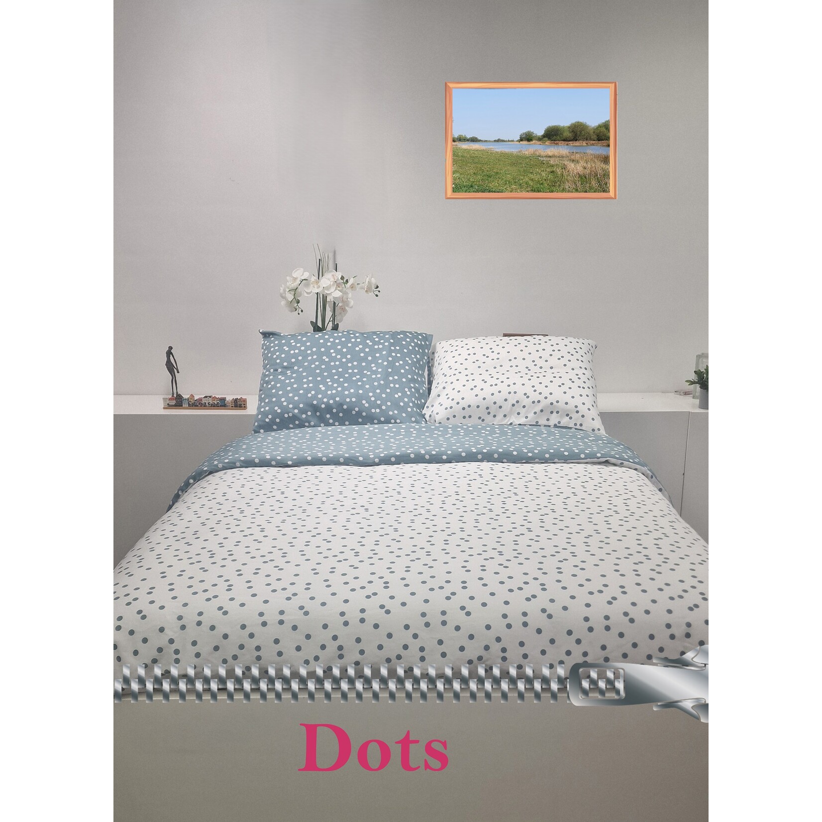 Sofiben dekbedovertrek Polka Dots, 2 kleuren wit/petrol 300TC katoensatijn