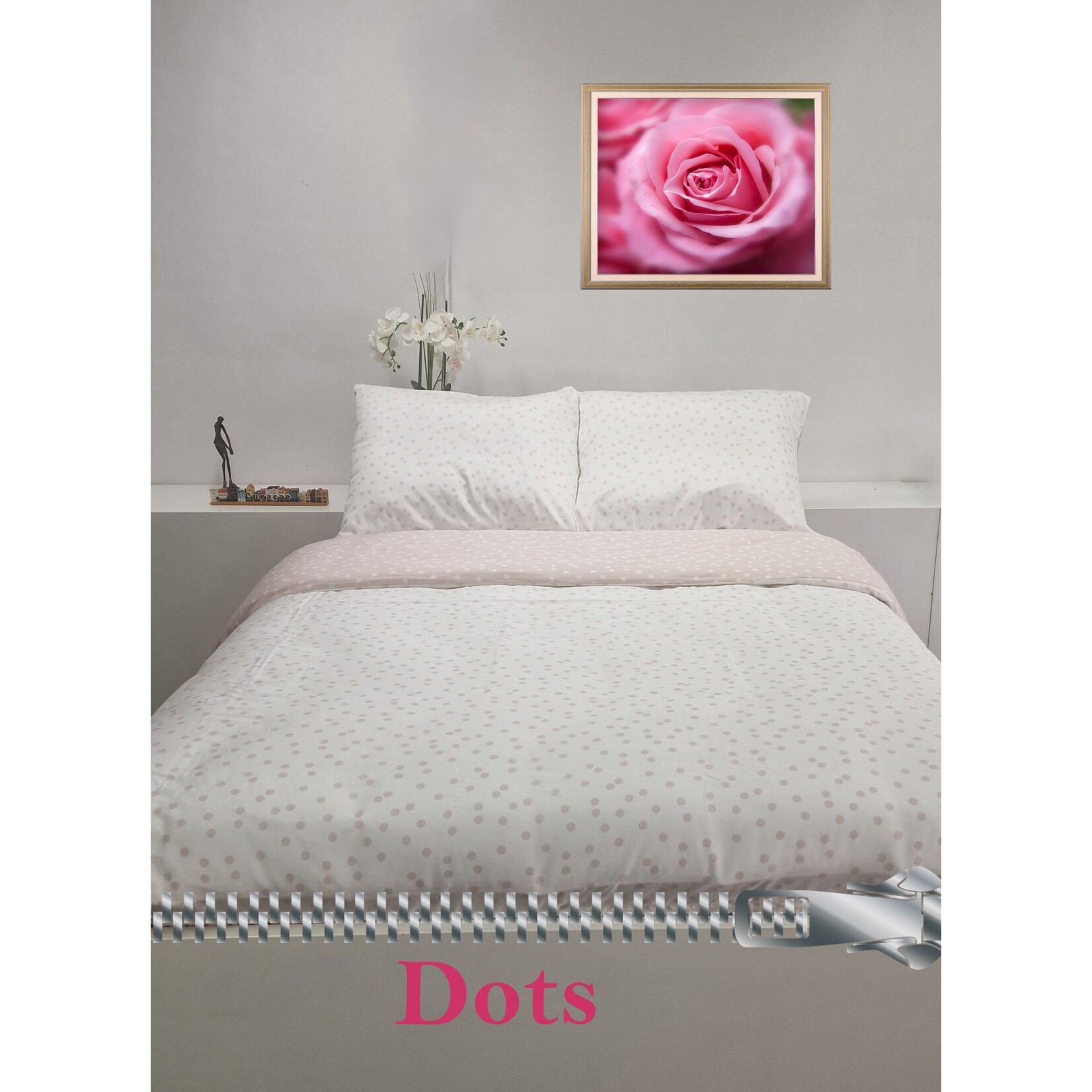 ofiben dekbedovertrek Polka Dots, 2 kleuren wit/roze 300TC katoensatijn