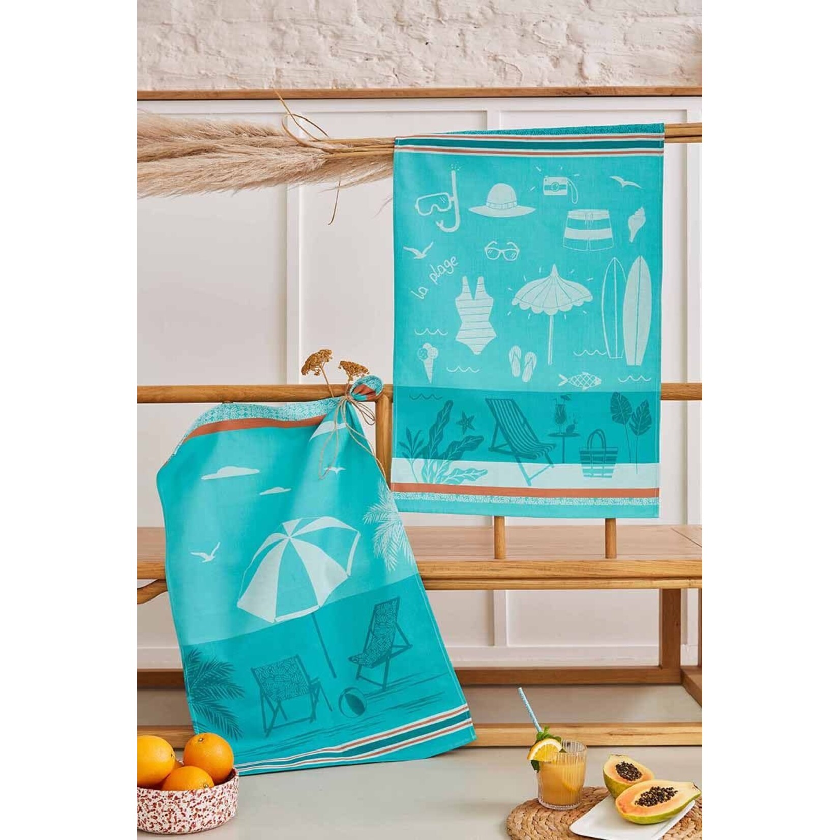 Coucke Linge jacquard A LA PLAGE TURQUOISE  50x 75 cm