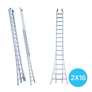 Stehende Eurotreppen-Leiter doppelt gebogen 2 x 16 Sprossen + Giebelrollen