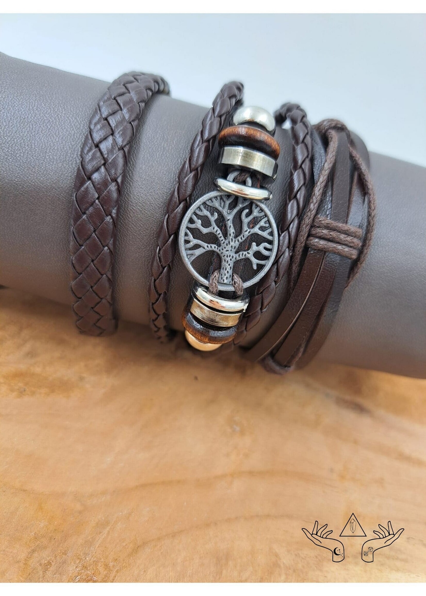 Lederen armband set Bruin levensboom