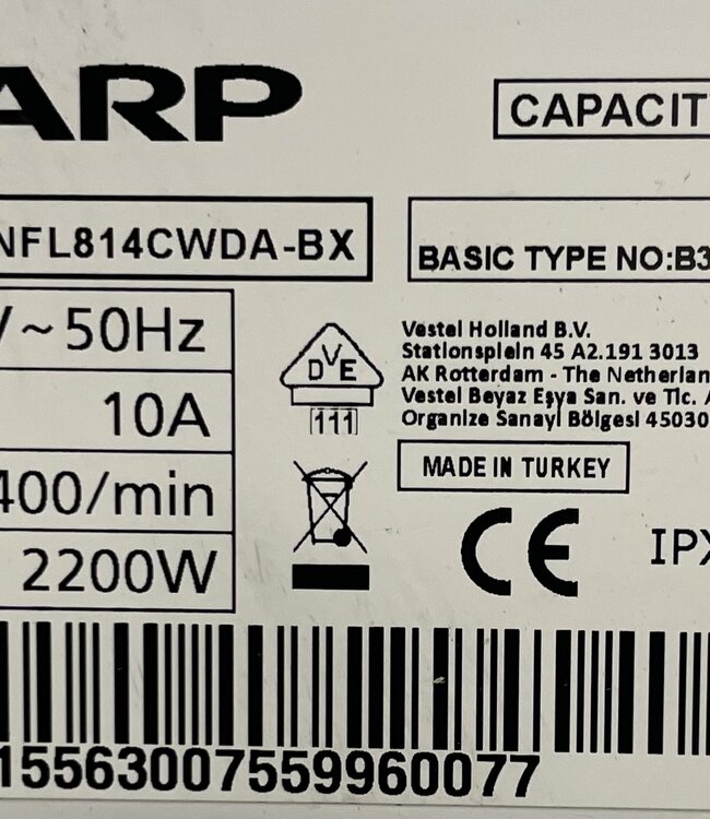 Sharp Wasmachine ES-NFL814CWDA-BX 8 kg