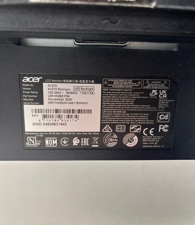 Acer Nitro XV270 27 inch Monitor Zwart