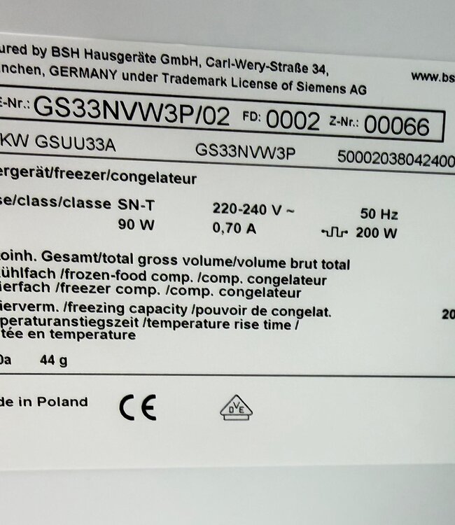 Siemens No-Frost Vrijstaande Vriezer GS33NVW3P