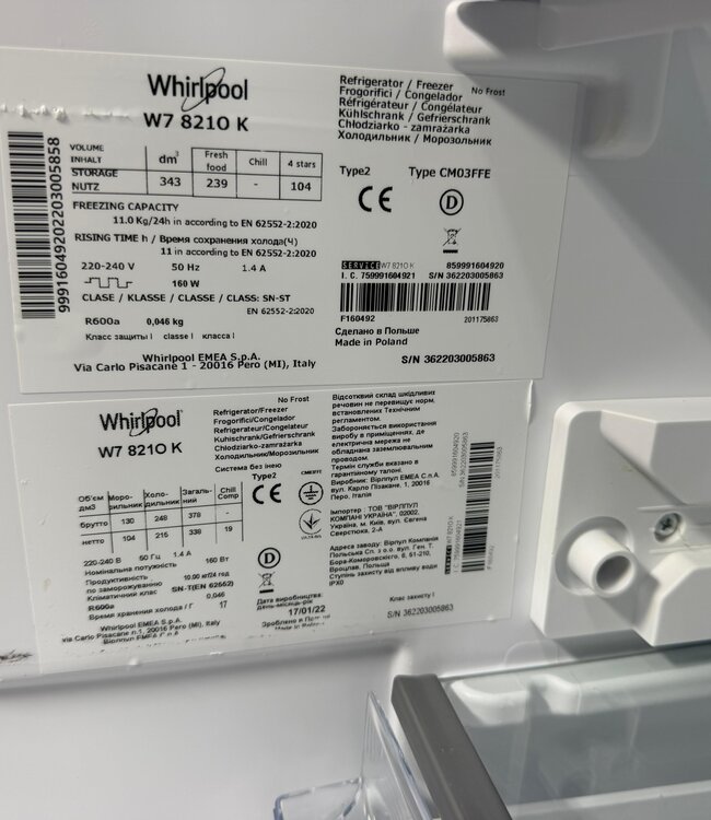 Whirlpool Total No-Frost W7 8210 K Koel-Vries Combinatie