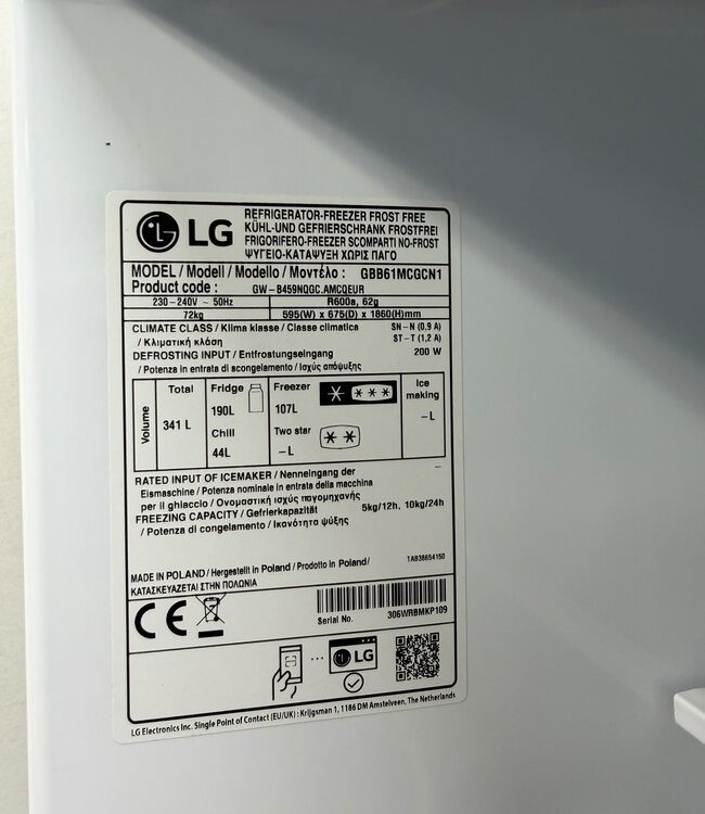 LG GBB61MCGCN1 koelvriescombinatie Zwart