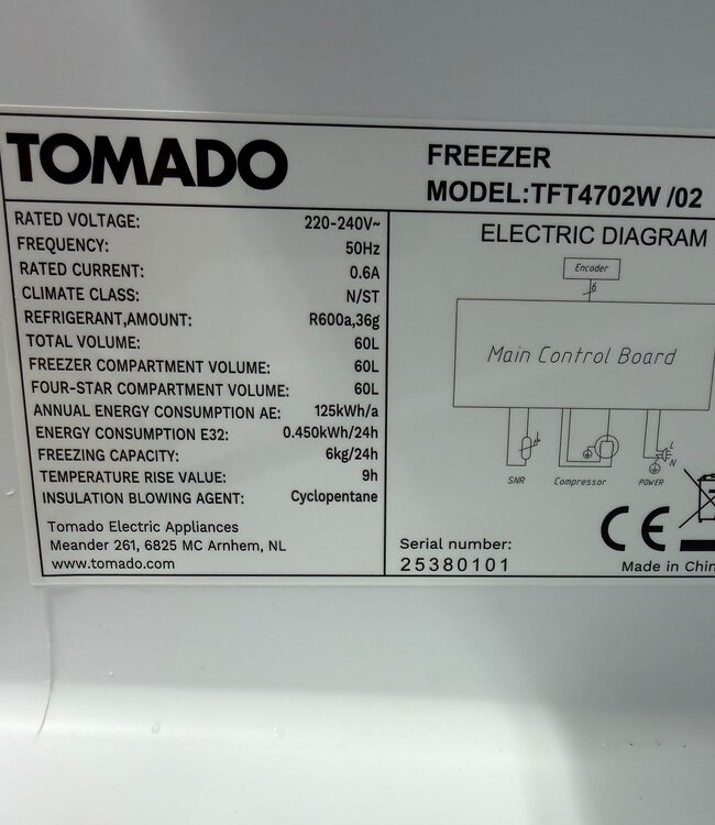 Tomado Vrijstaande Vriezer Tafelmodel (TFT4702W)