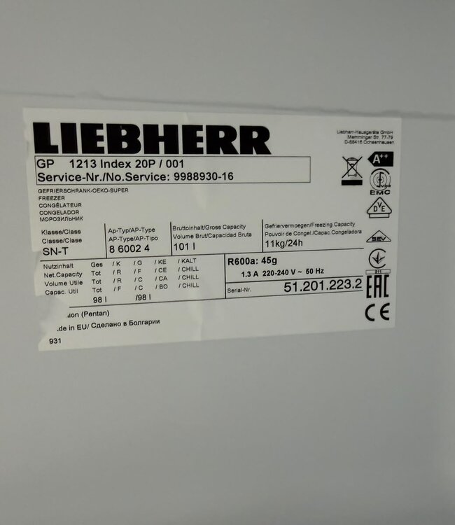 Liebherr Vrijstaande Vriezer GP 1213 Tafelmodel