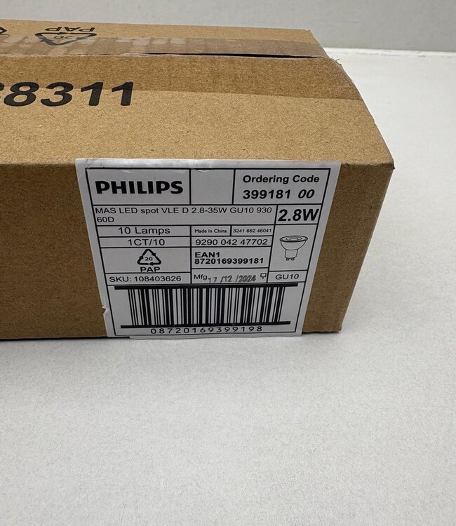Philips MASTER Value LEDspot GU10 2,8W 270lm 3000K Dimbaar – Doos 10 stuks