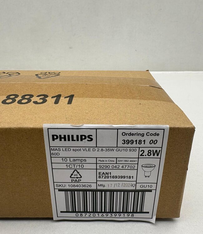 Philips MASTER Value LEDspot GU10 2,8W 270lm 3000K Dimbaar – Doos 10 stuks