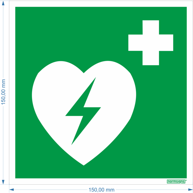 Normsigns AED (Automated External Defibrillator) pictogram Material: Photoluminescent, Dimensions: 150 x 150 mm